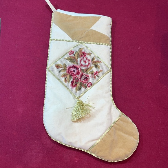 Pink ROSES cross stitch VELVET Christmas Stocking GOLD roping VINTAGE Victorian - Picture 1 of 13